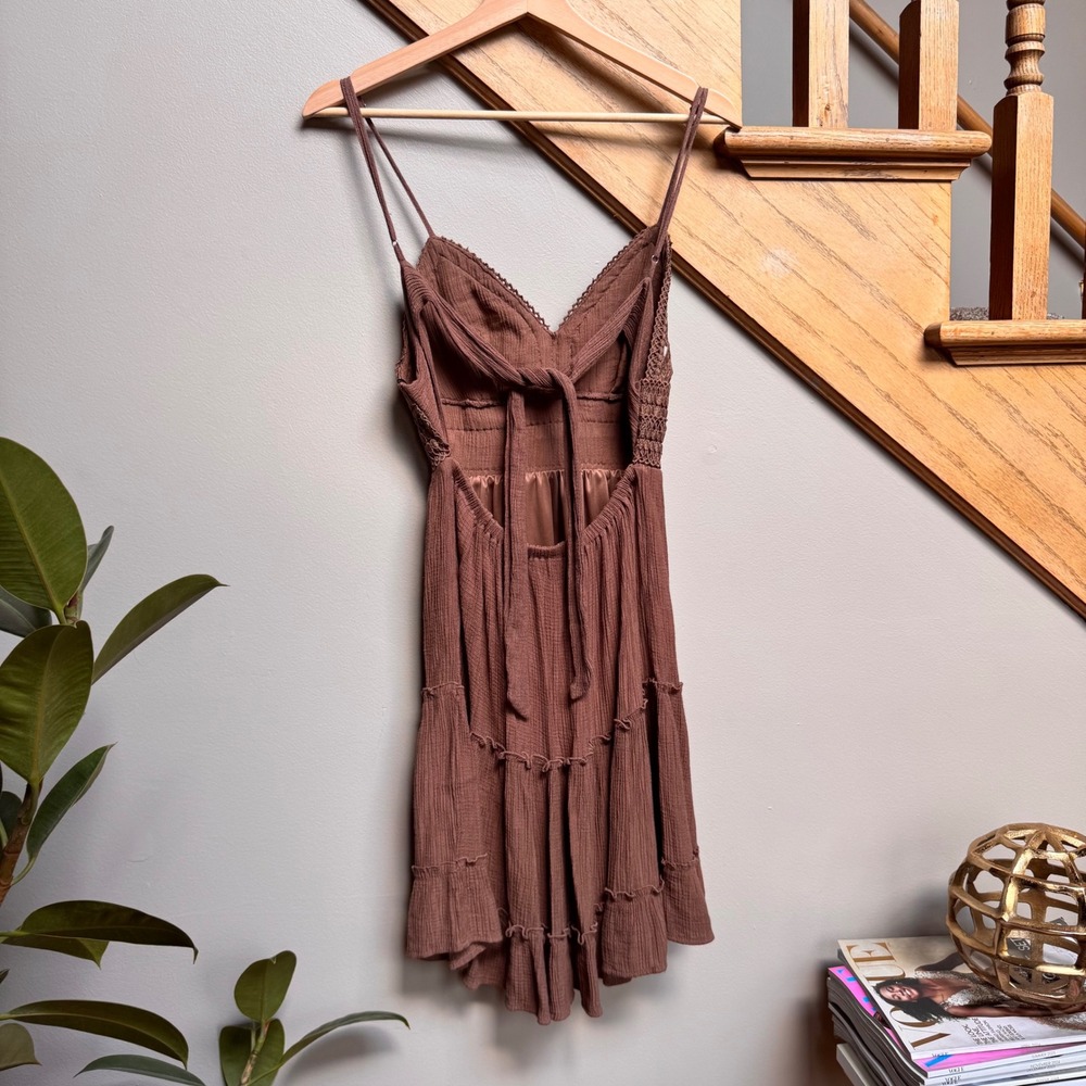 Y2K Boho Chocolate Brown Gauze Crochet Tiered V Neck Dress Goblincore Babydoll S - Picture 5 of 10